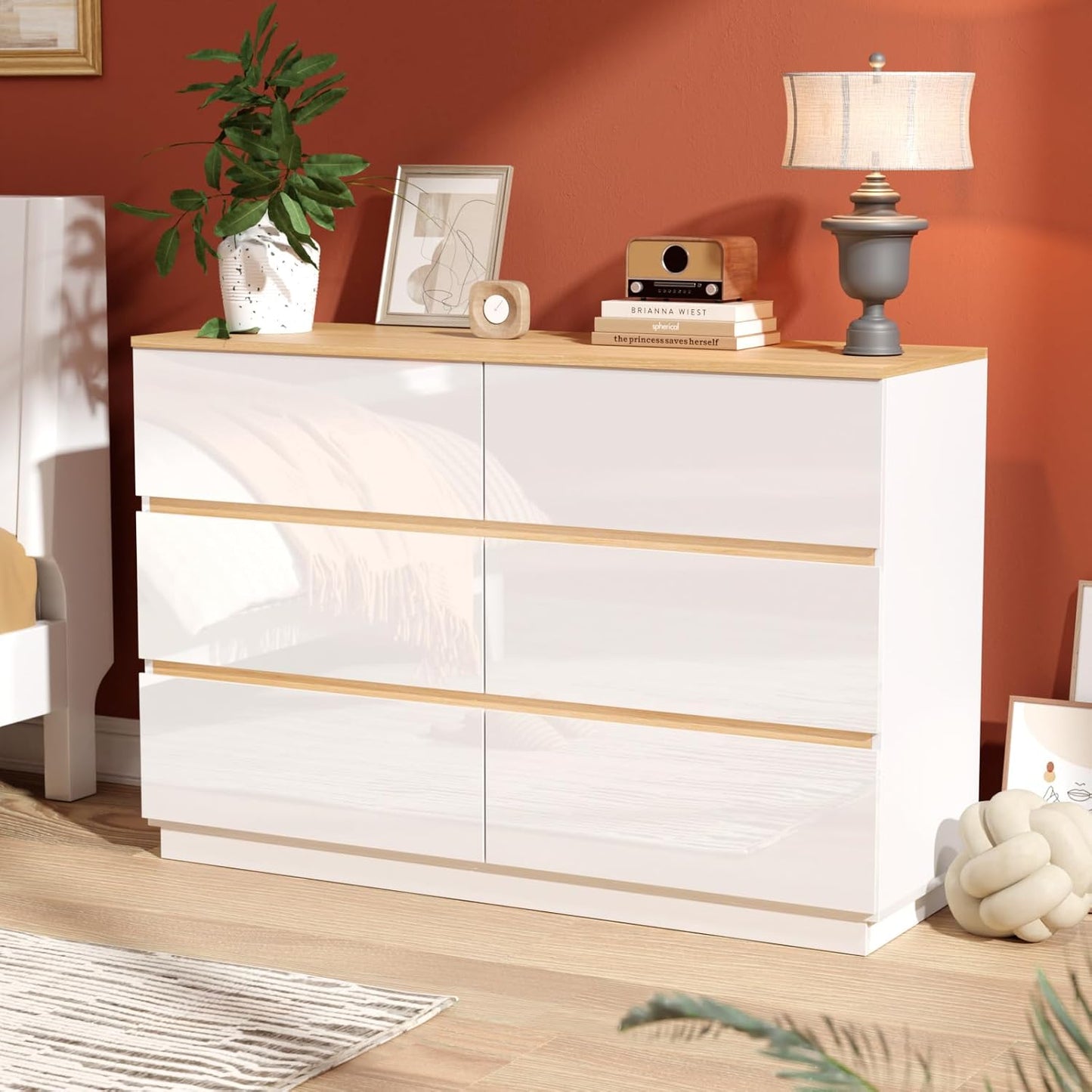 VINGLI White Dresser High Gloss Chest of Drawers, 6 Drawer Dresser for Bedroom, Modern Dressers Wood, Brown Top, 47.2" W x 15.75" D x 31.5" H