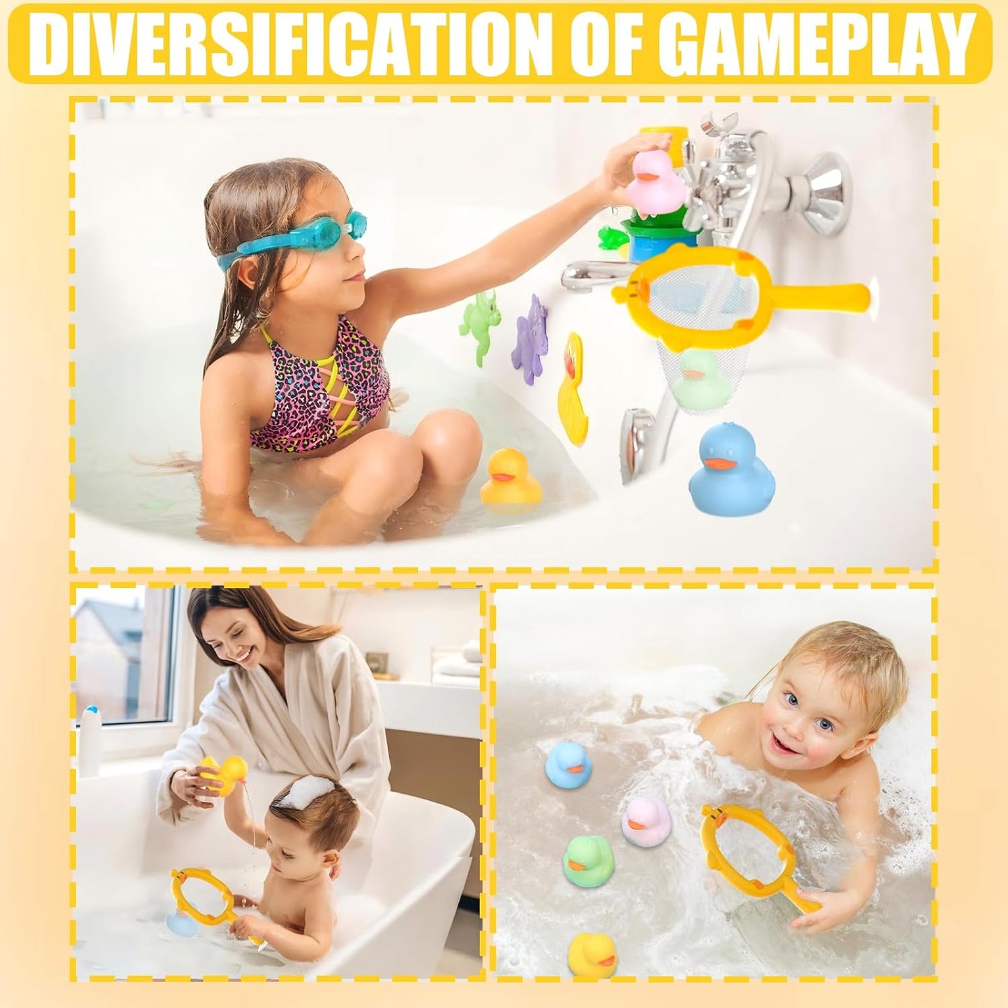 6Pcs Mold-Free Bath Toy Silicone Duck Set for Toddlers 1-3 Years and Babies 6-12 Months, Dishwasher Safe, with Duck Fishing Net and Storage Bag