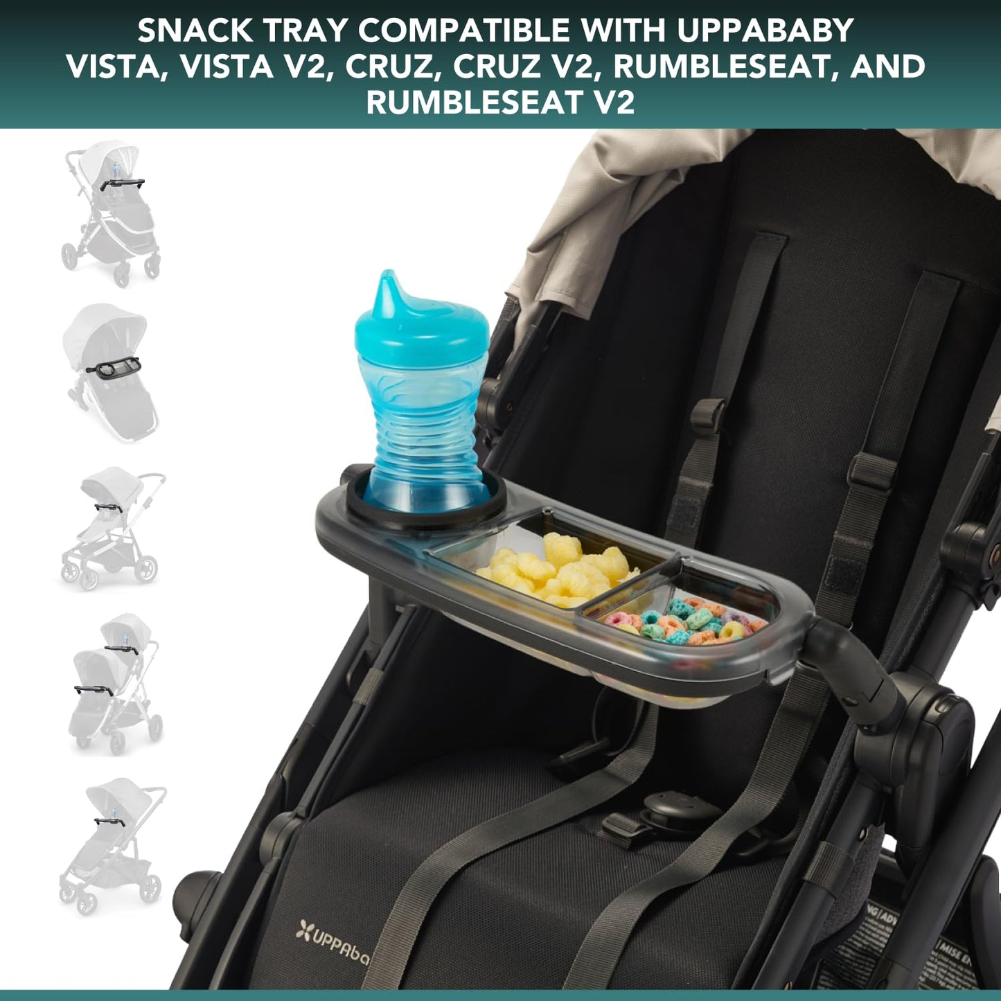Snack Tray Fits for UPPAbaby Vista V3/Vista V2/Vista/Cruz/Cruz V2/ RumbleSeat/RumbleSeat V2, Updated Snack Tray with Two Snack Compartments & Cup Holder, Quick Attachment, Stroller Accessories