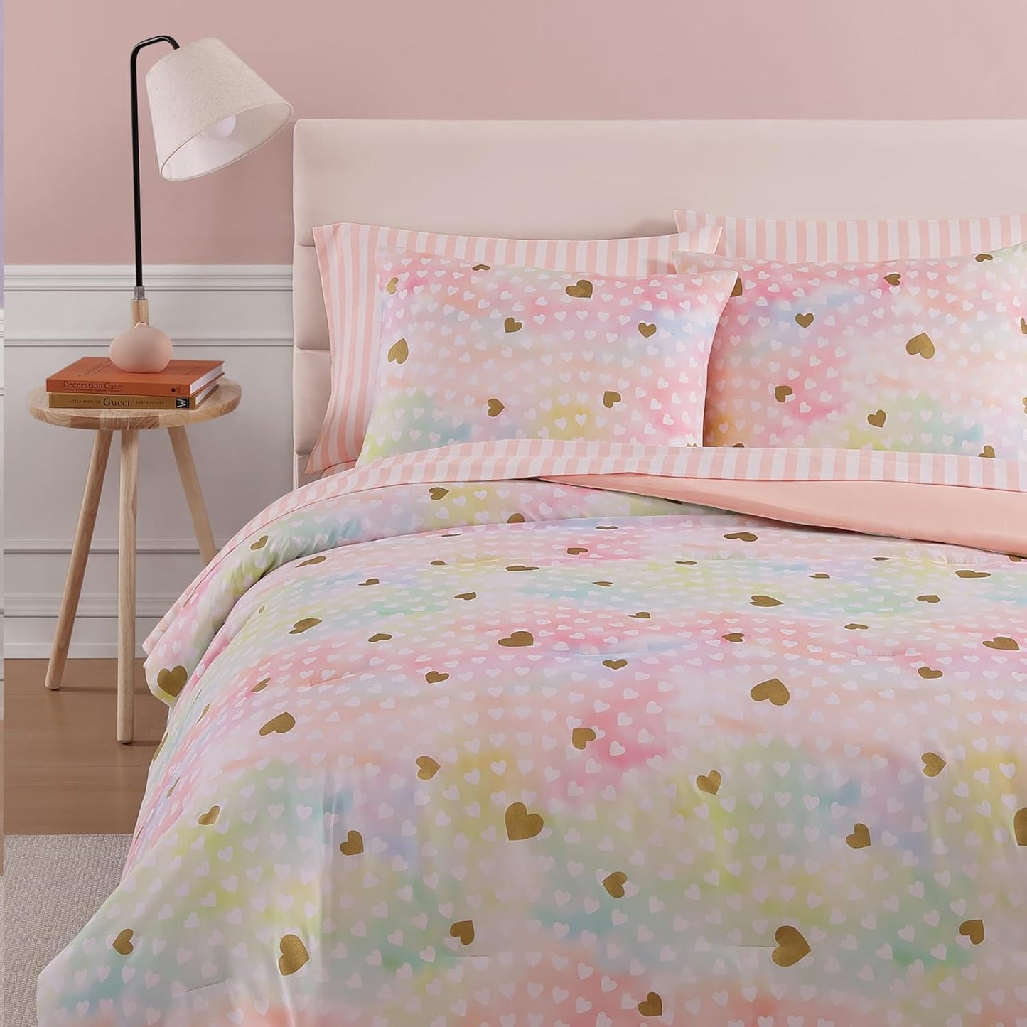 Twin Comforter Set with Sheets for Girls-5 Pieces Twin Bedding Sets with Pink Comforter, Sheets, Pillowcase & Sham for Kids (Colorful Gold Heart, 66" X 86")