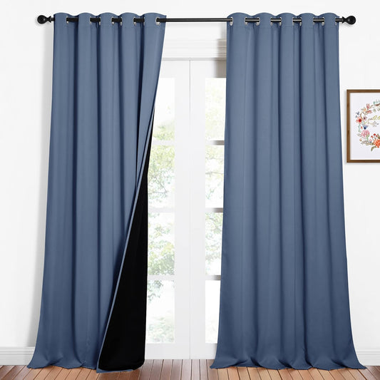 NICETOWN 100% Blackout Curtains 95 inches Long, Pair of Energy Smart & Noise Blocking Out Drapes for Baby Room Window, Thermal Insulated Guest Room Lined Window Dressing (Stone Blue, 62 inches Wide)
