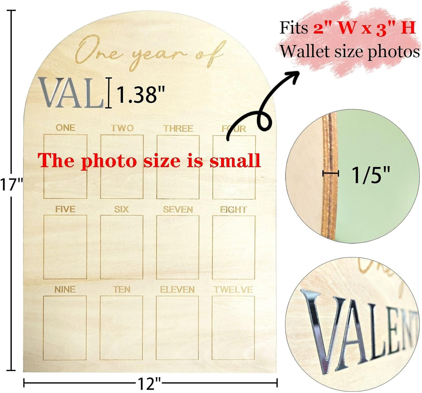 One Year Of Photo Board My First Year Milestone Board 12 Monthly Picture Frame Baby's First Year Wood Photo Board Acrylic Mirror Letters 1st Birthday Decoration Baby Keepsake Gift (2" x 3" photos - Wallet Size)