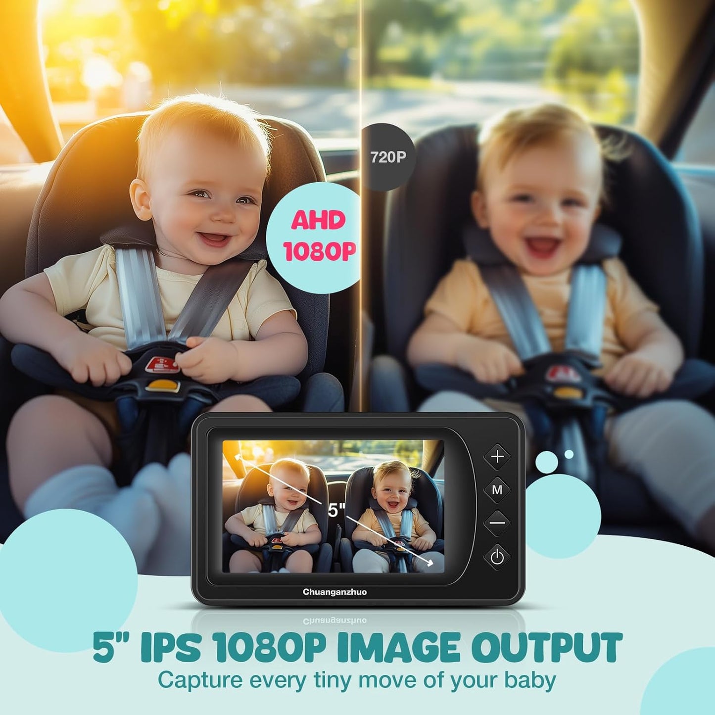 S100U Baby Car Camera with Advanced Night Vision, 3X Zoom, USB Powered, 5'' AHD 1080P IPS Crystal-Clear Car Baby Monitor, Backseat Camera for Kids Infants Rear Facing, 5inch Black