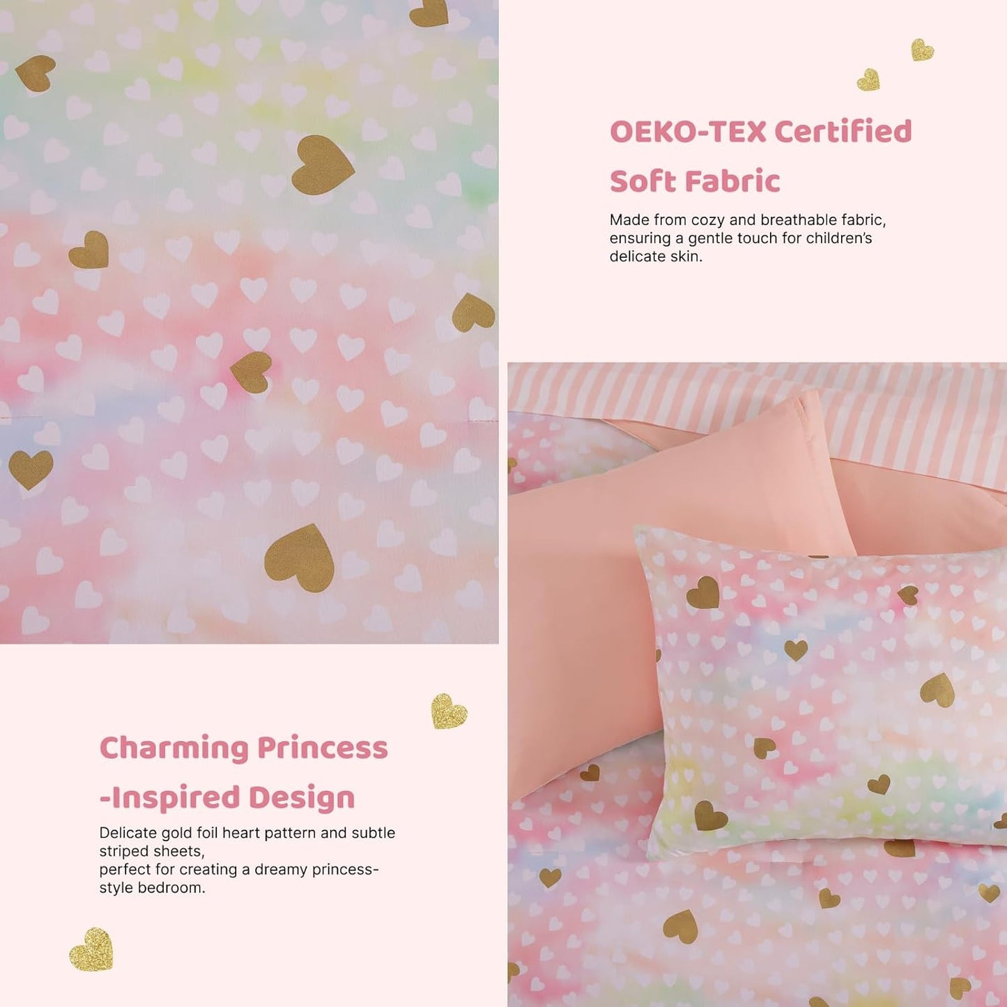Queen Comforter Set with Sheets for Girls-7 Pieces Queen Bedding Sets with Pink Comforter, Sheets, Pillowcases & Shams for Kids (Colorful Gold Heart, 90" X 90")
