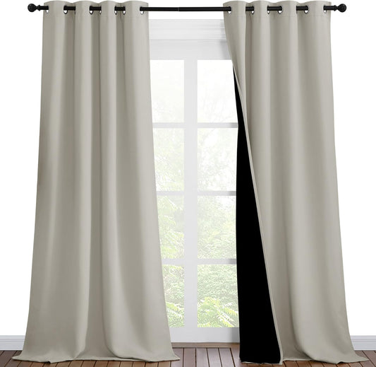 NICETOWN Natural Blackout Curtains 90 inches Long, Full Light Blocking Drapes with Black Liner for Nursery, Thermal Insulated Draperies for Hall, Villa (2 Pieces, 46" Wide Each Panel)