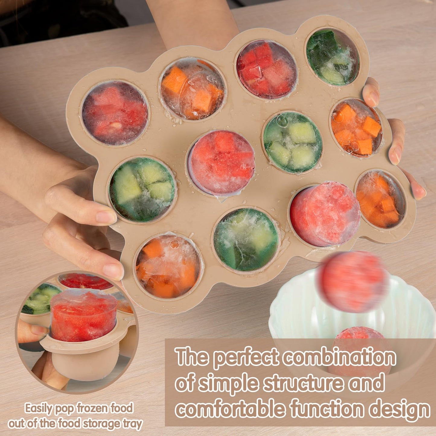 Baby Food Freezer Tray with Clip on Lid, 12 x 1.5 Ounce Baby Food Storage Container, Baby Silicone Freezer Molds for Fruit Purees & Vegetables (Light Brown)