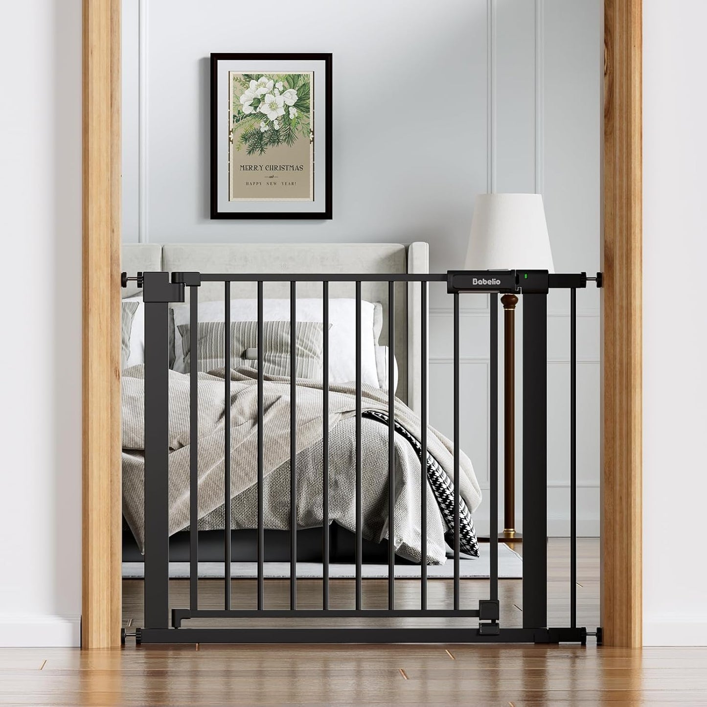 BABELIO Baby Gate for Doorways and Stairs, 36-41" Pet Gate with Wide Walk Thru Door and Lock Indicator, No Drill Pressure Mounted Safety Gate with Double Lock and Self-Closing, Black