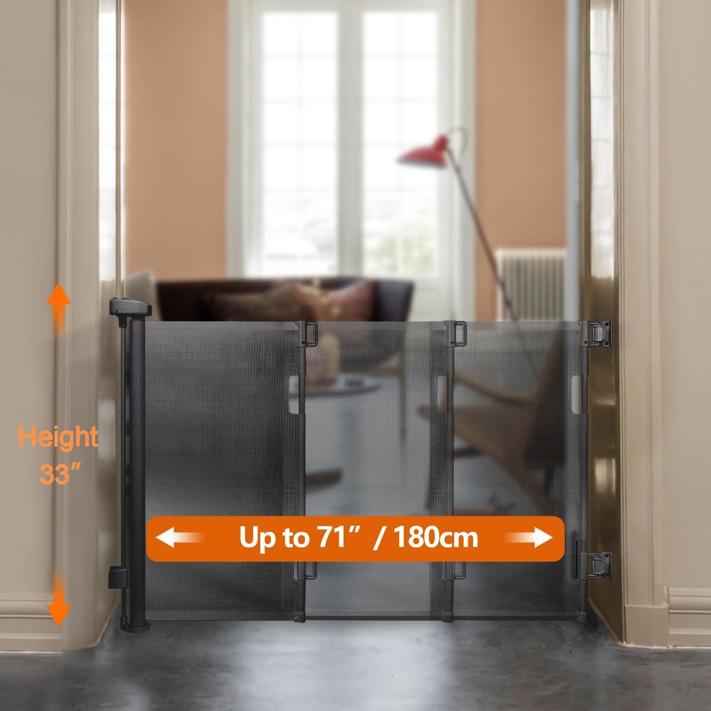 Retractable Baby Gate,Mesh Baby Gate or Mesh Dog Gate,33" Tall, Extends up to 71" Wide,Child Safety Gate for Doorways, Stairs, Hallways, Indoor/Outdoor Black