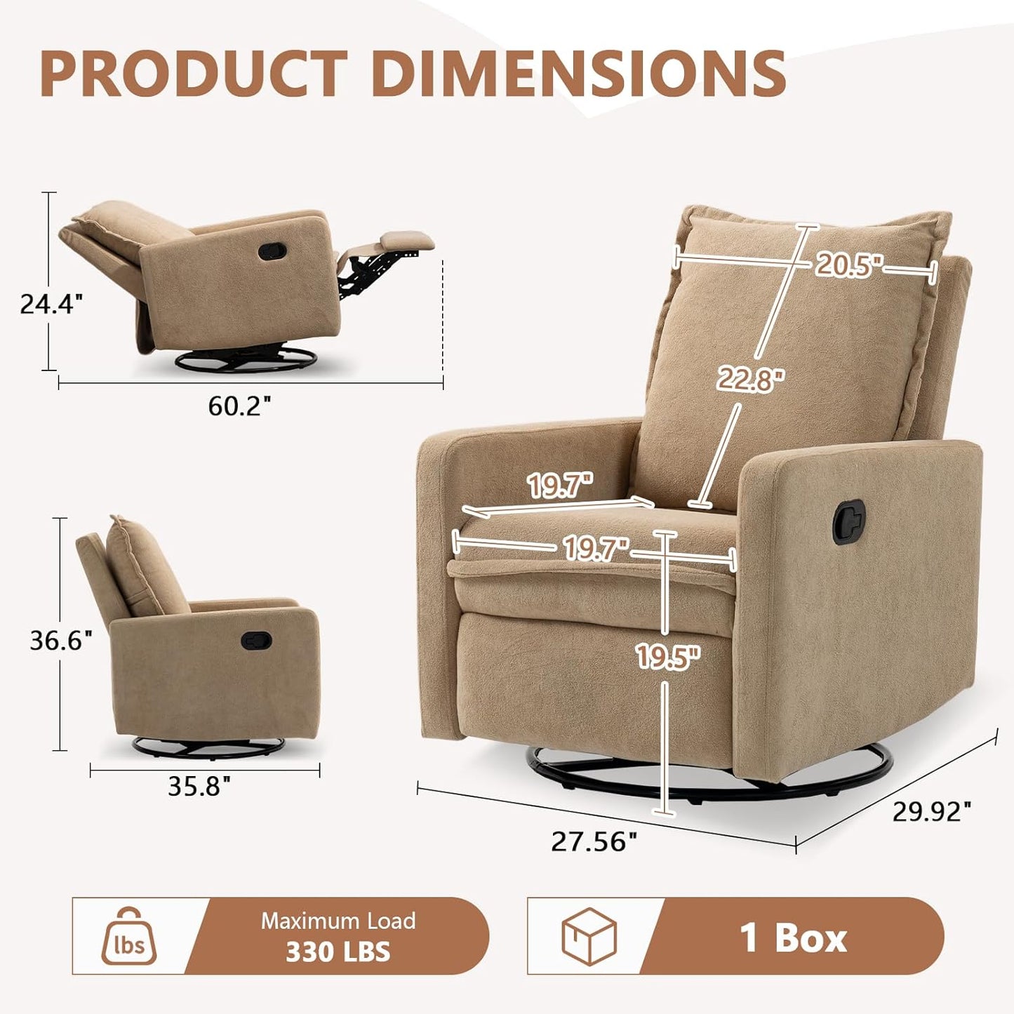 Swivel Rocking Recliner Chair for Nursery, Upholstered Glider Rocker Recliner, Swivel Reclining Chair for Nursery Living Room Bedroom, Camel Short Plush