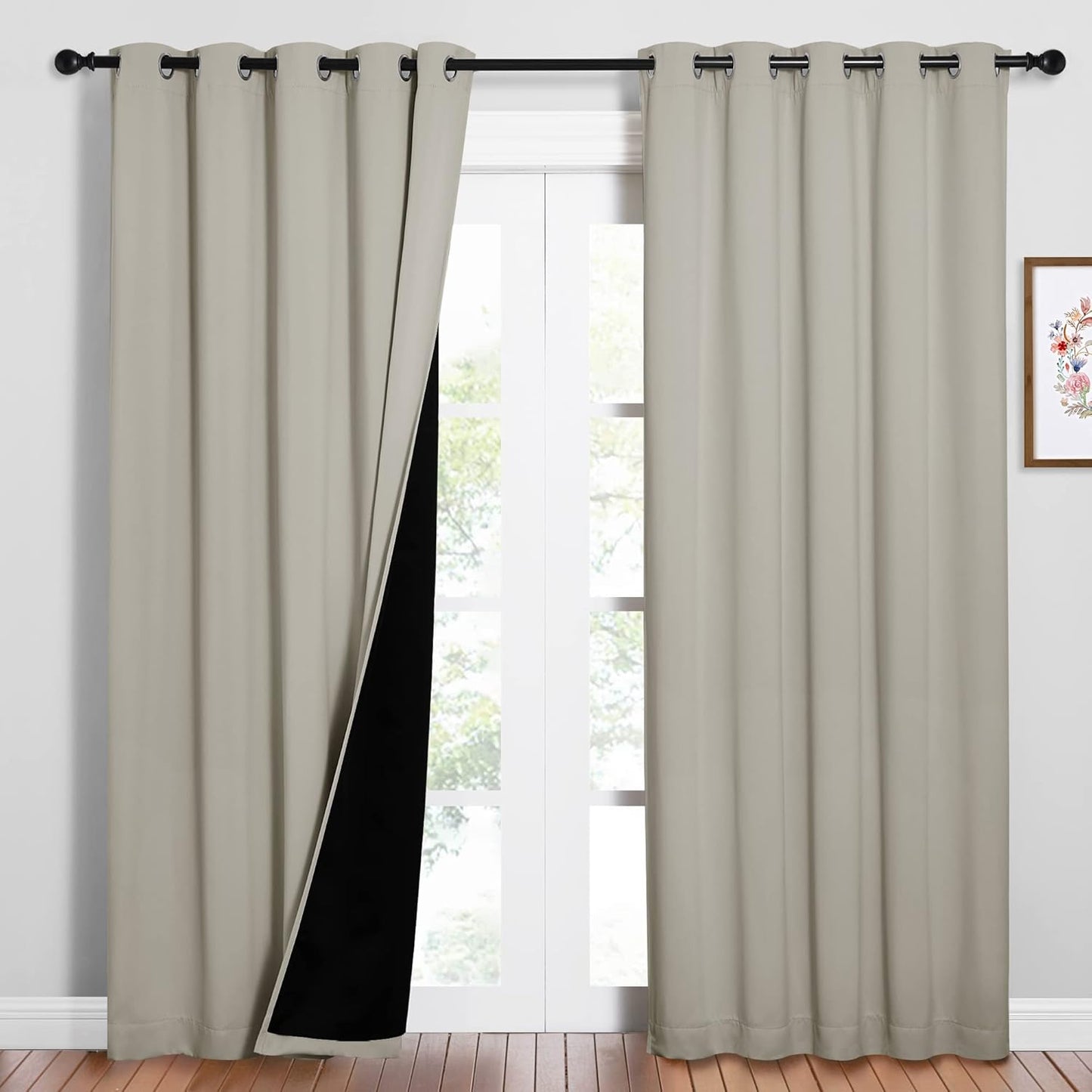 NICETOWN 100% Blackout Window Curtain Panels, Cold and Full Light Blocking Drapes with Black Liner for Nursery, 84 inches Drop Thermal Insulated Draperies (Natural, 2 PCs, 62" Wide Each Panel)