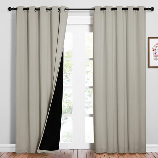 NICETOWN 100% Blackout Window Curtain Panels, Cold and Full Light Blocking Drapes with Black Liner for Nursery, 84 inches Drop Thermal Insulated Draperies (Natural, 2 PCs, 62" Wide Each Panel)