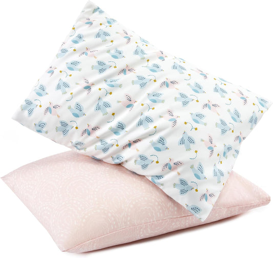 TILLYOU Toddler Pillowcase 2 Pack with Envelope Closure,13" x 18" Silky Soft Microfiber Travel Kids Pillowcase for Boys and Girls, Lucky Pony Peace Dove&Big Pink Flower