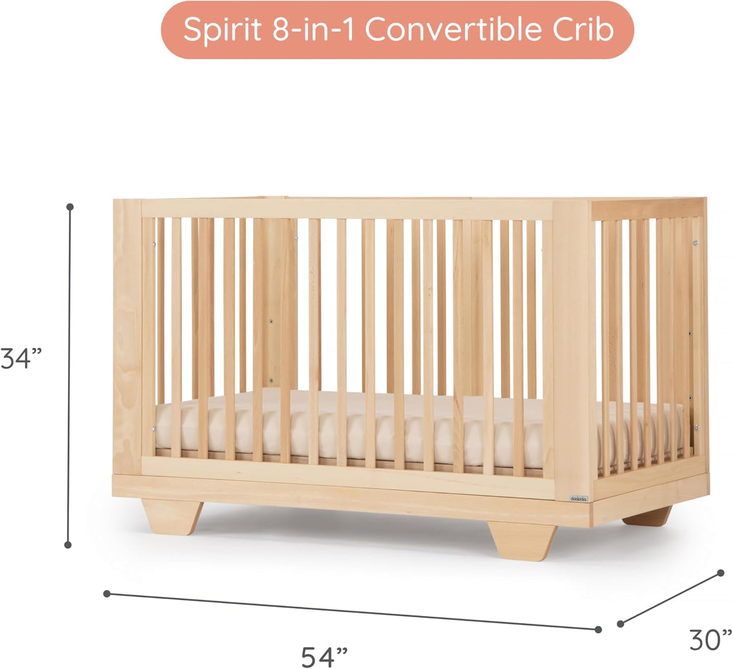 dadada Spirit 8 in 1 Convertible Crib to Toddler Bed & Floor Bed, Made in Italy, Greenguard Gold Certified, Adjustable Mattress Heights (Natural)