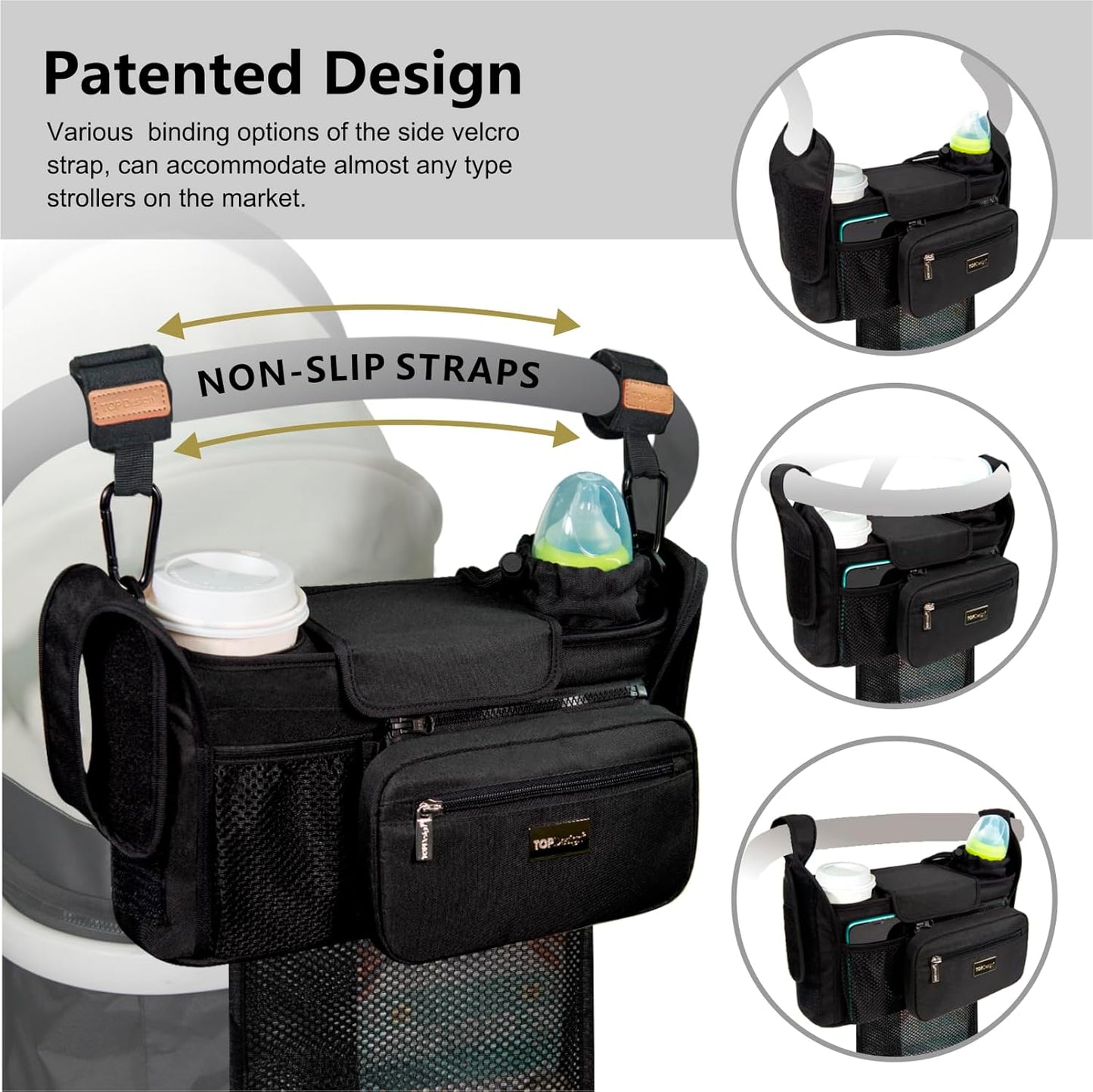 TOPDesign Universal Baby Stroller Organizer, Stroller Caddy with Detachable Mesh Bag & Heightened Insulated Cup Holders & Non-Slip Secure Hooks Accessories, Fits Most Strollers (Zoo 2)