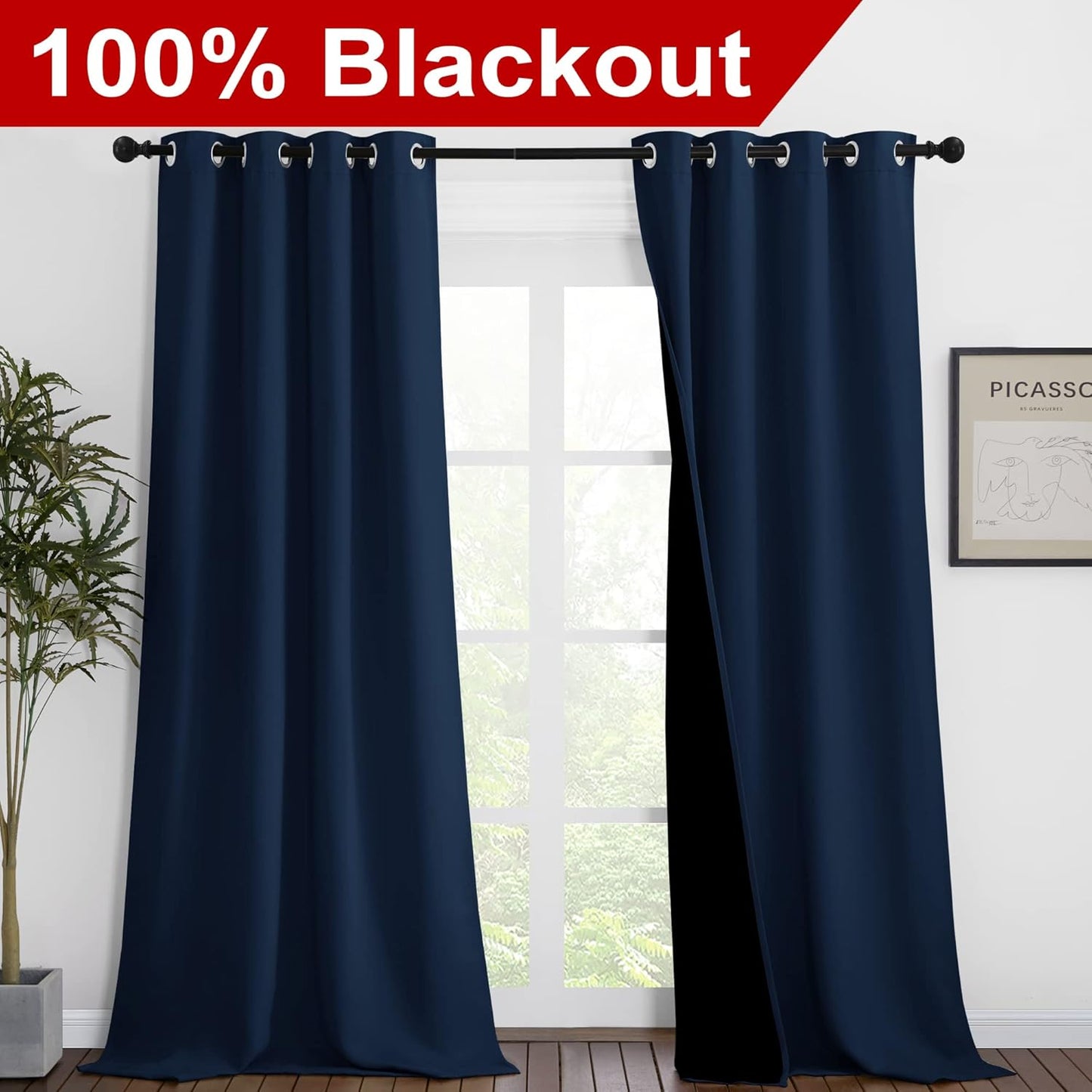 NICETOWN Complete 100% Blackout Curtain Set, Thermal Insulated & Energy Efficiency Window Draperies for Guest Room, Full Shading Panels for Shift Worker and Light Sleepers, Navy Blue, 46W x 90L, 2 Pcs
