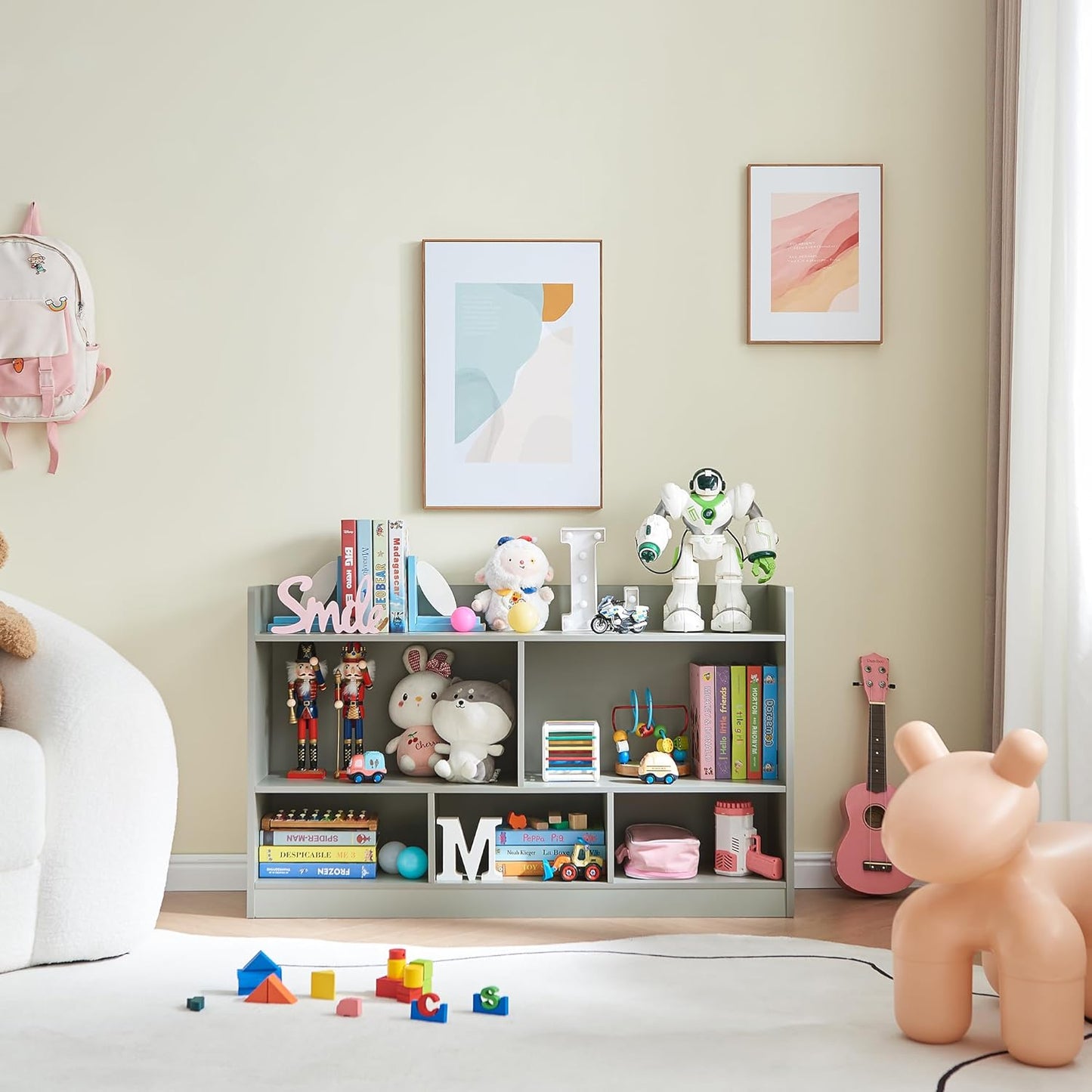 Kids Toy Storage Organizer, 5-Section Bookshelf for Organizing Books Toys, Wooden Storage Cabinet Daycare Furniture for School, Classroom Playroom, Nursery, Kindergarten (Grey)