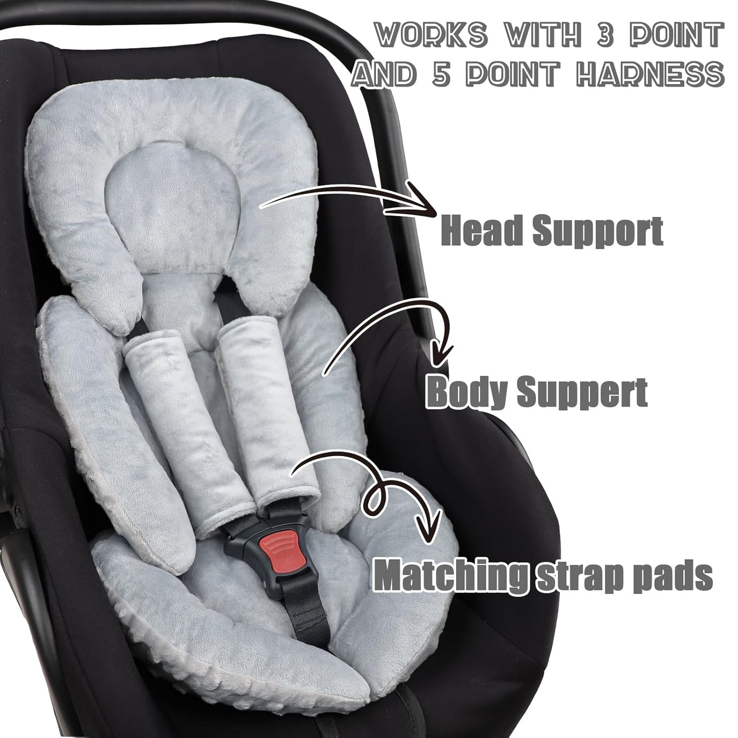 Infant Car Seat Insert Head and Body Support, GFU Reversible Newborn Insert for Carseat with Strap Pads, Soft Stroller Cushion Pillow Insert for Boys and Girls, Fits for Stroller, Swing, Grey