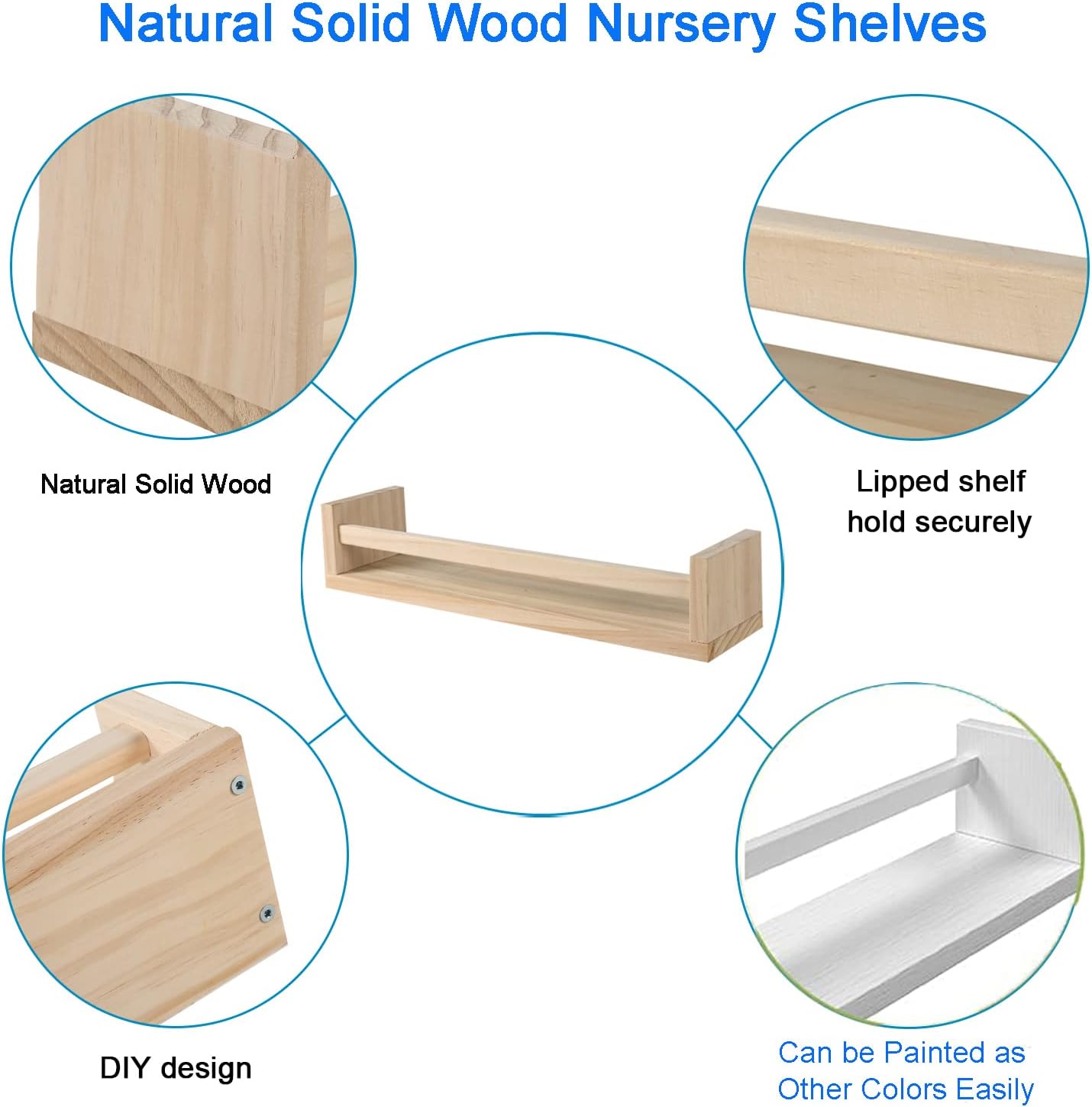 Nursery Floating Book Shelves for Kids Room, Kitchen Spice Rack, or Rustic Wall Mounted Shelves for Farmhouse Bathroom Decor (Natural Wood),Set of 2