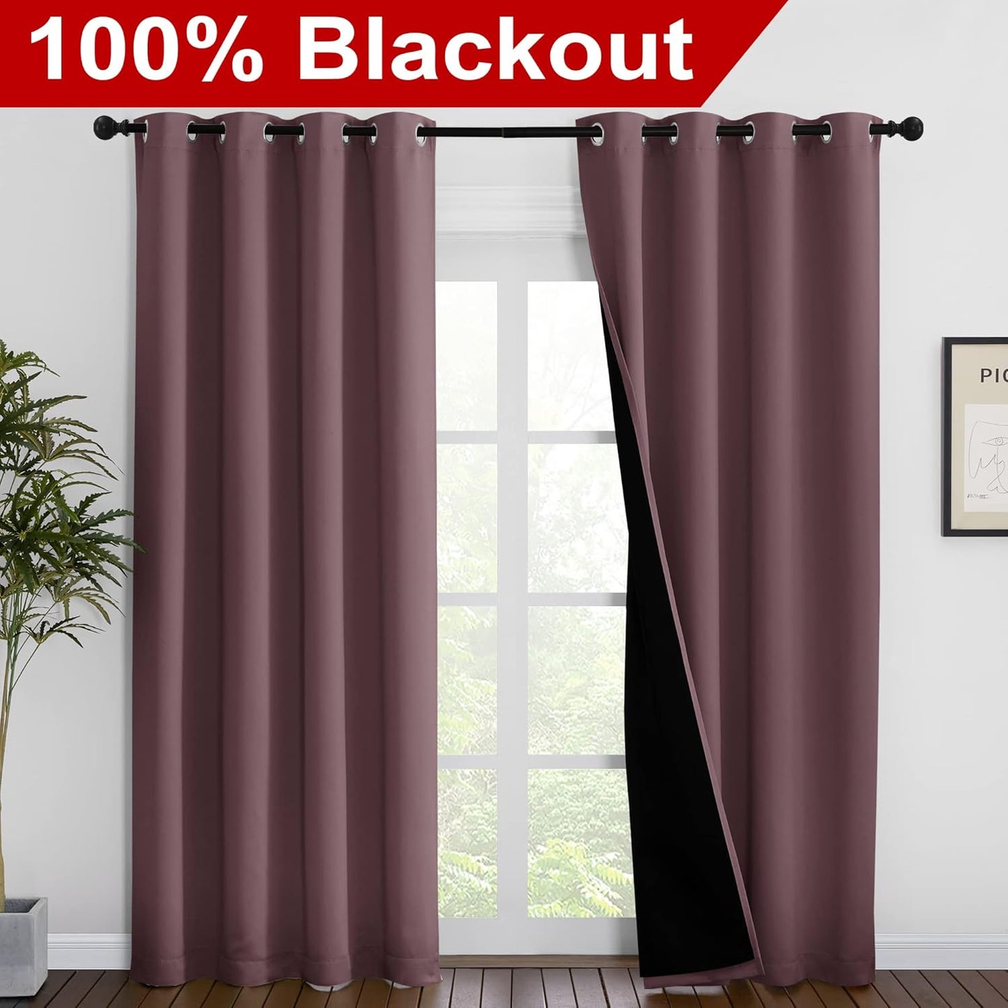 NICETOWN Living Room Completely Shaded Draperies, Privacy Protection & Noise Reducing Ring Top Drapes, Black Lined Insulated Window Treatment Curtain Panels (Dry Rose, 2 Pieces, W55 x L86)