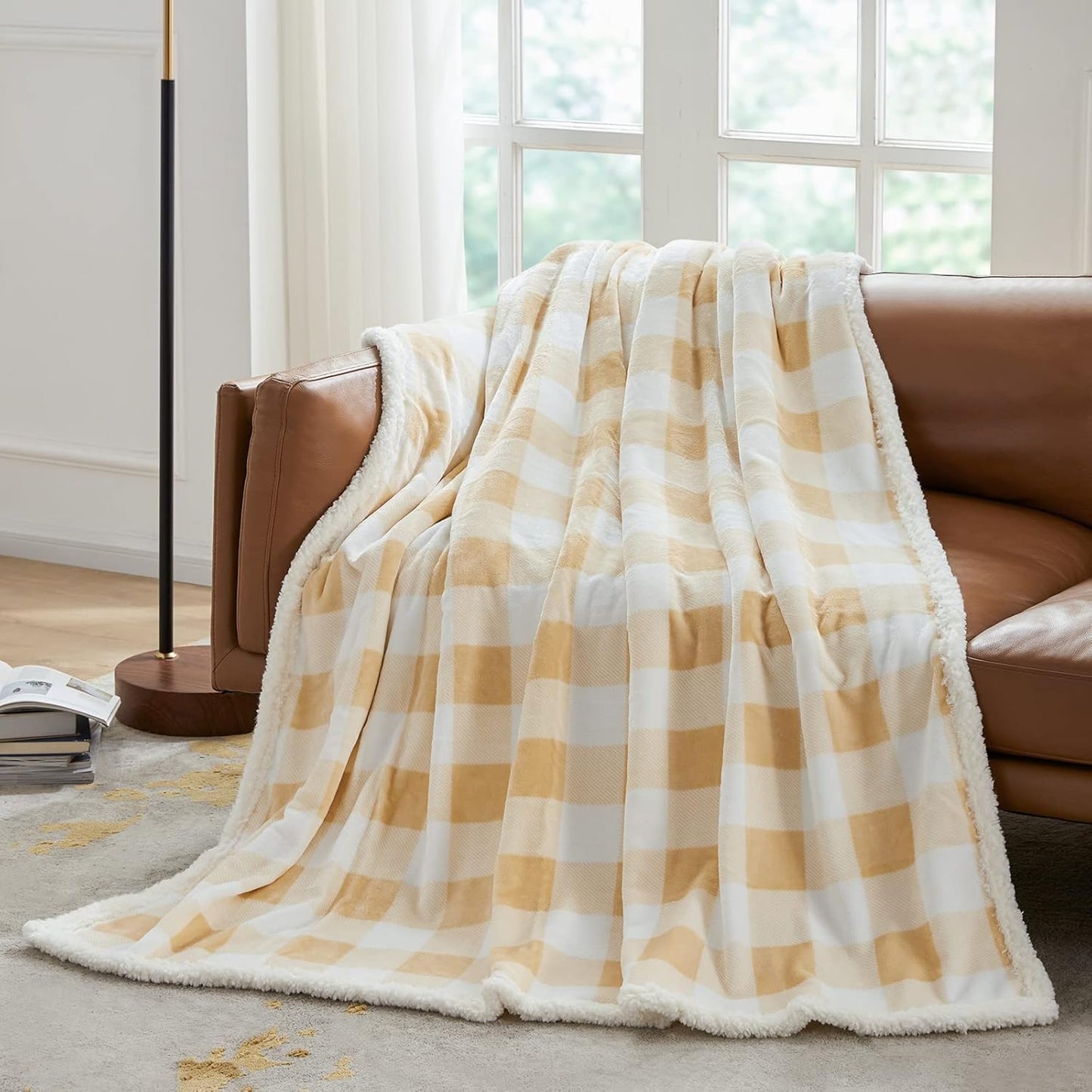 Touchat Sherpa Buffalo Plaid Twin Blanket 60" X 70", Fuzzy Fluffy Soft Cozy Throw Blanket, Fleece Flannel Plush Microfiber Blanket for Couch Bed Sofa(Beige)