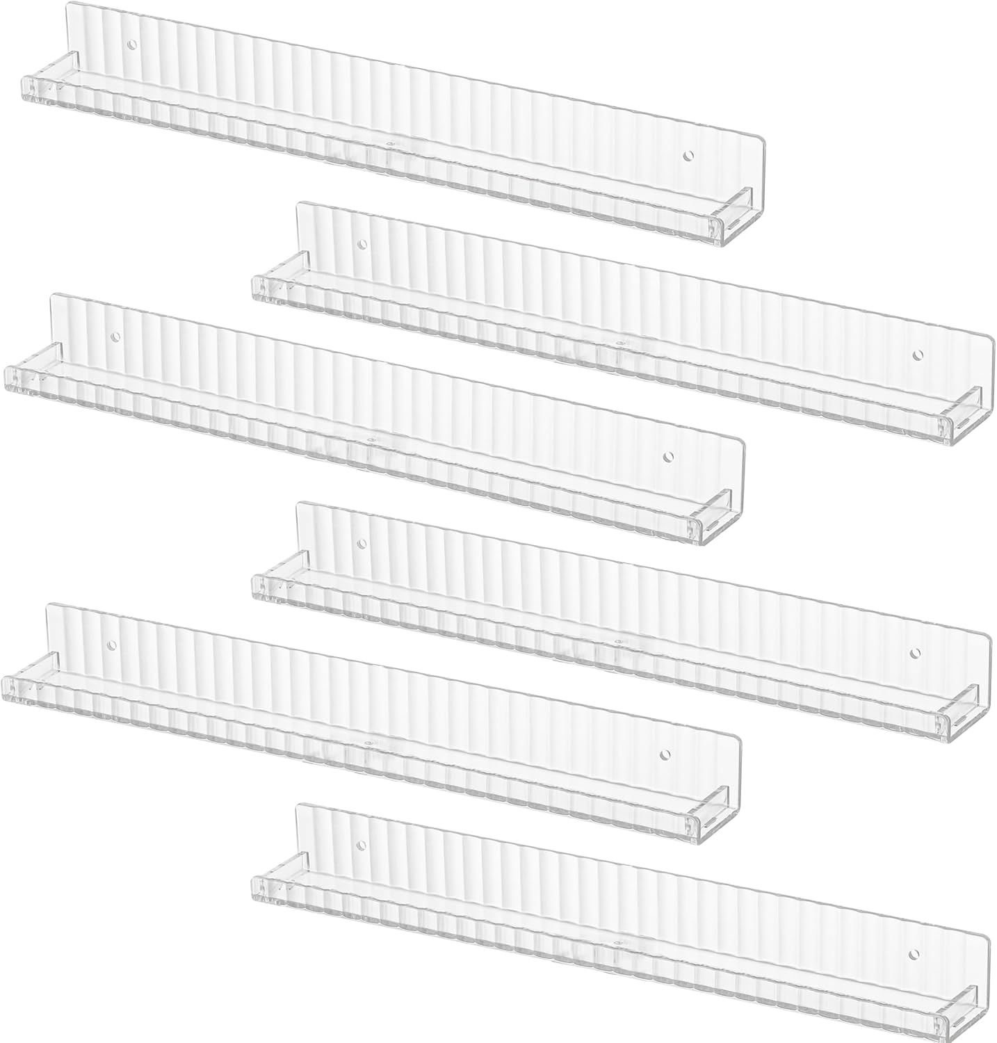 IEEK 6 PCS Acrylic Floating Bookshelf for Kids Room,15 Inch Modern Picture Ledge Display Shelf with Detachable Baffle,Nail Polish Rack Vertical Striped Wall Shelves for Wall Decor and Storage,Clear