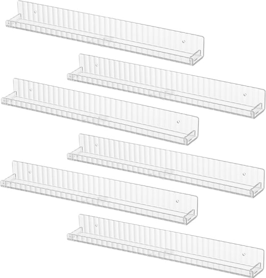 IEEK 6 PCS Acrylic Floating Bookshelf for Kids Room,15 Inch Modern Picture Ledge Display Shelf with Detachable Baffle,Nail Polish Rack Vertical Striped Wall Shelves for Wall Decor and Storage,Clear