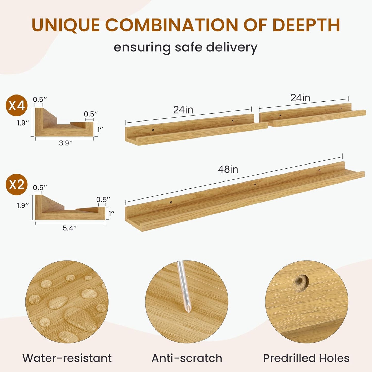 Axeman Picture Ledge Shelf, Floating Shelves for Wall Decor Storage Set of 6, 48 inch Floating Wall Mounted Shelves, Shelves with Lip for Living Room, Bedroom, Nursery, Bathroom, Kitchen, Oak