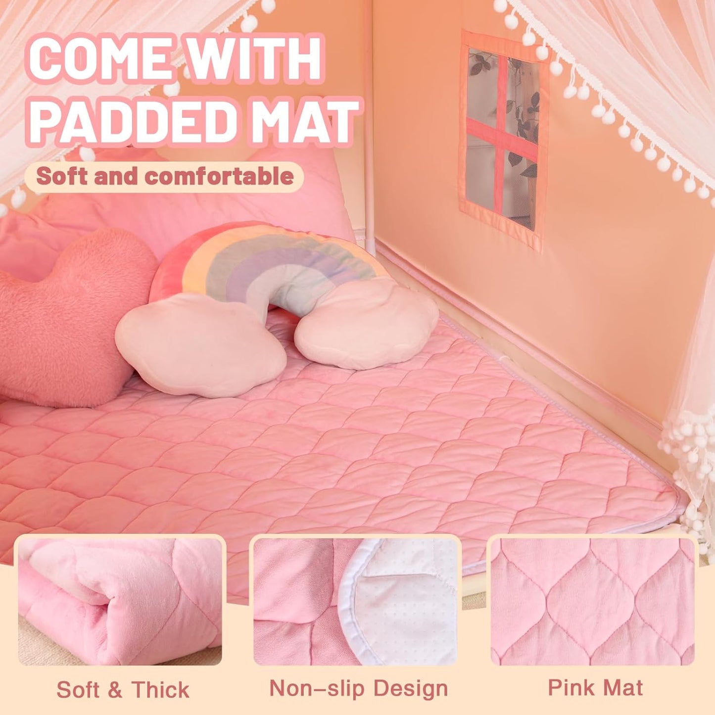 Wilwolfer Kid Tent with Mat, Star Lights - Kids Play Tents for Toddlers Kids Tents Indoor Playhouse - Princess Tent for Girls Toy House Gift (Pink with Mesh)