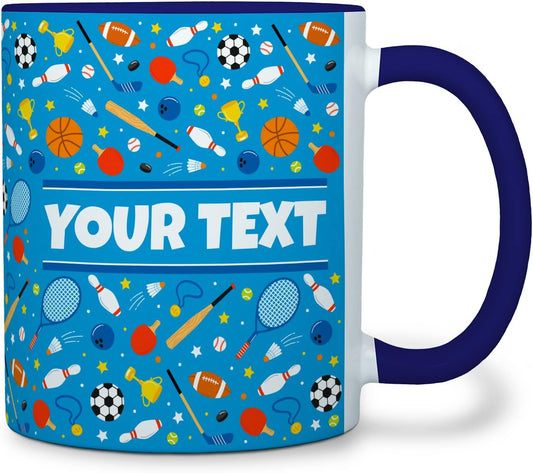 Personalized Mug for Kids - Sports - Custom Name/Text, Ceramic Hot Chocolate/Cocoa/Coffee Cup for Boys/Girls, Birthday/Christmas/Holiday Gift - 11 oz, Navy Blue Handle