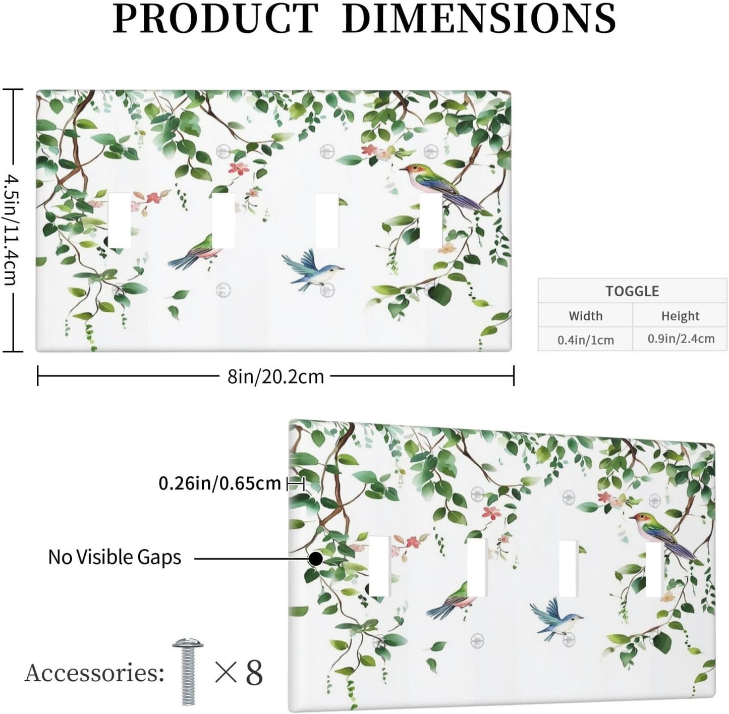 Light Switch Covers Green Leaves Bird Eucalyptus Sage Plant Quad Toggle Electrical Faceplate 4 Gang Wall Plate Decorative Switch Plates For Bed Room Living Room Decor