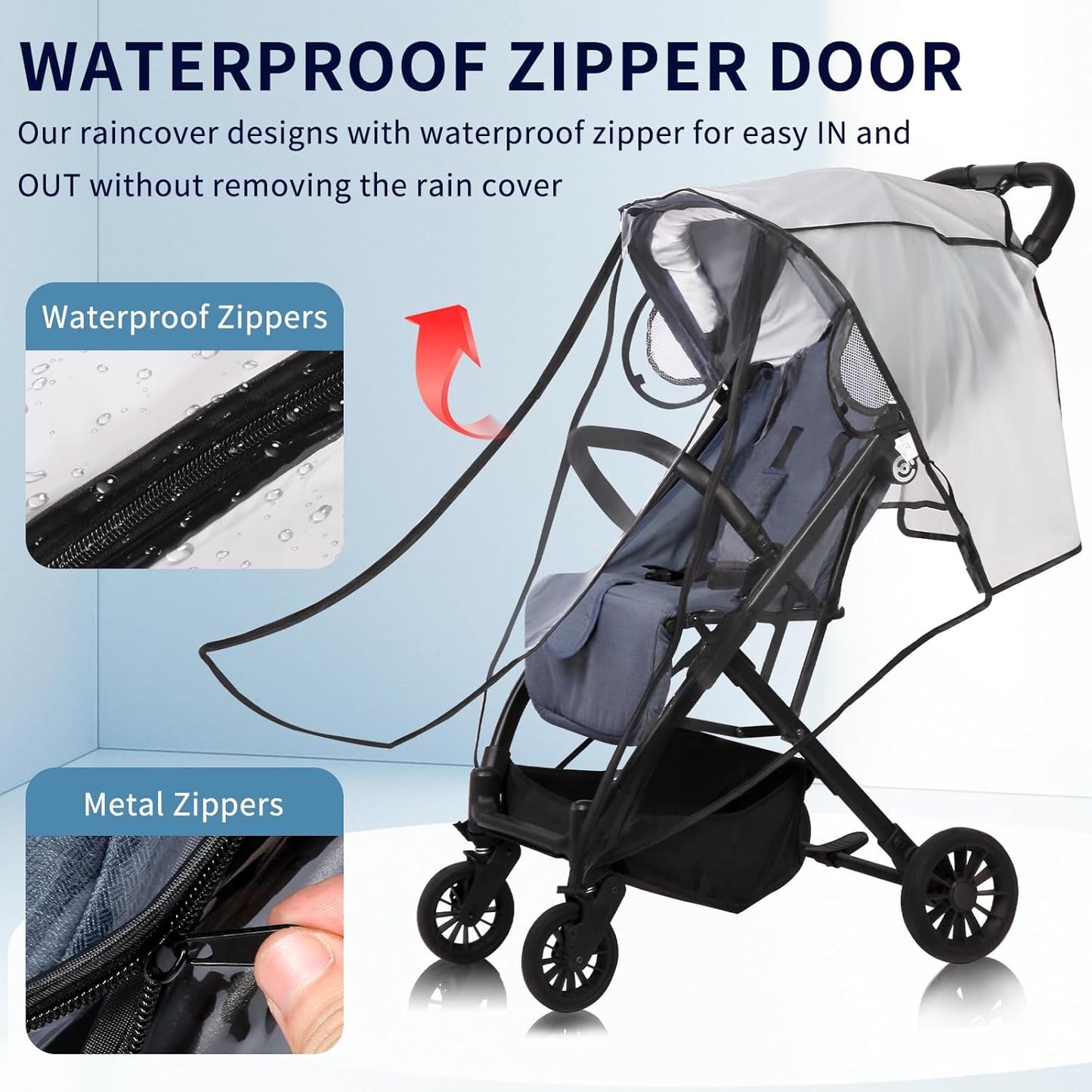 Universal Stroller Rain Cover, Clear Breathable Weather Shield with Waterproof Zipper, 4 Seasons Protection (XL)