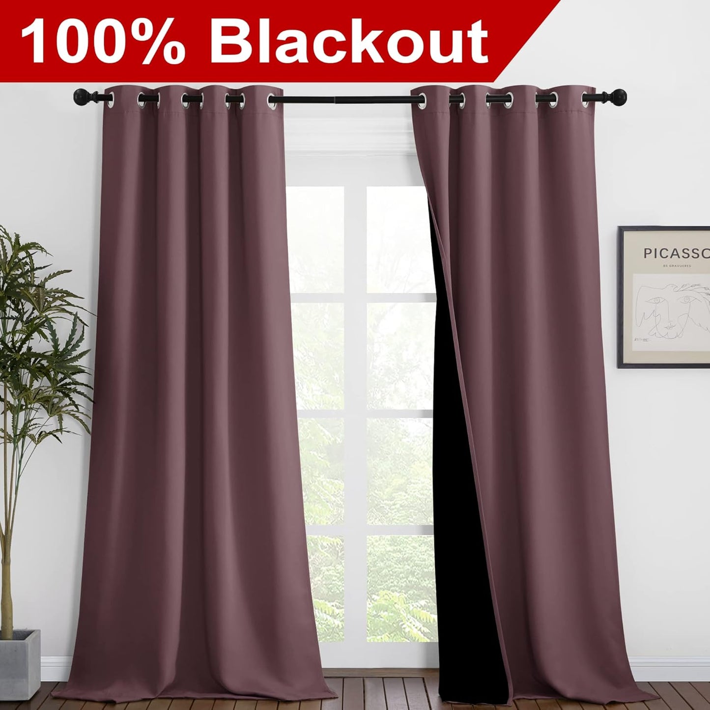 NICETOWN Thermal Insulated 100% Blackout Curtains, Noise Reducing Performance Drapes with Black Lining, Full Light Blocking Drapery Panels for Patio (Dry Rose, 1 Pair, 46 inches x 90 inches)