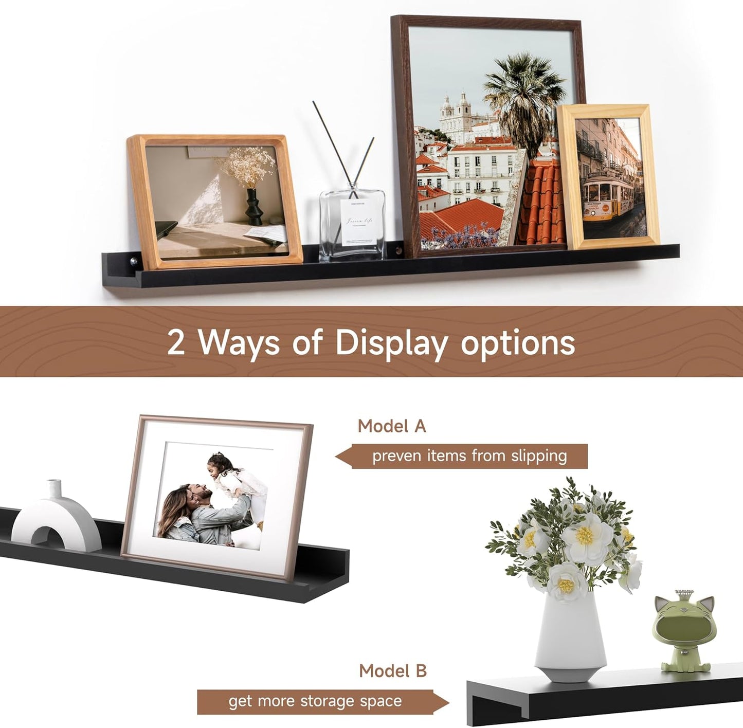 Fun Memories Picture Ledge Shelf, 36 Inch Floating Shelves Set of 2, Nursery Book Shelves for Toys Storage, Kids Bookshelf Wall Mounted for Wall Decor Books Photo Frames, Black