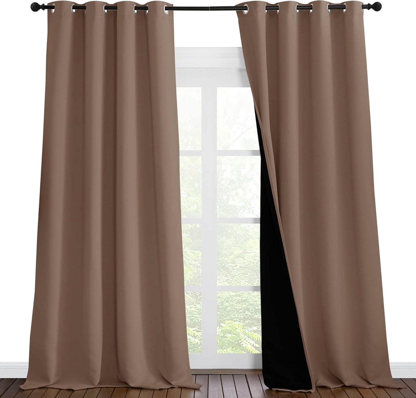 NICETOWN Complete Blackout Cold Blocking Shades for Large Window Door, 100% Blackout Window Curtain Panels with Black Lined, 55 inches Width Each Panel, 96 inches Length, Cappuccino, Double Pieces