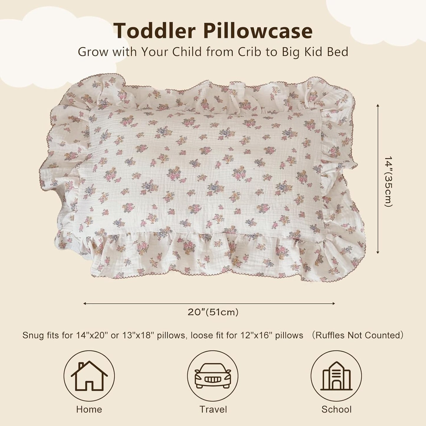 BuLuTu Chic Floral Themed Toddler Pillowcases with Ruffles, 100% Cotton Muslin Pillow Cases Crib Size Pillow Cover with Tuberose Flower Print, 14"x20", Children Bedding Gift