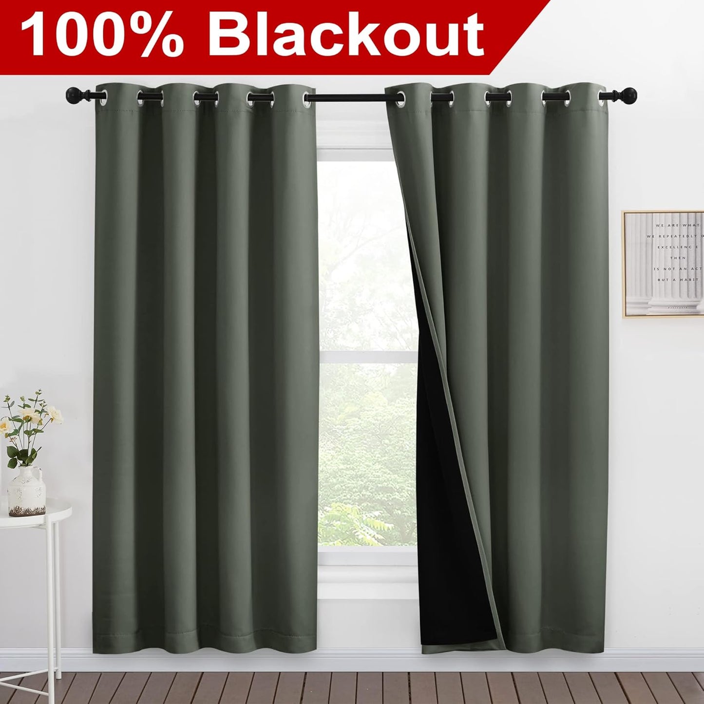 NICETOWN 100% Blackout Window Curtain Panels, Full Light Blocking Drapes with Black Liner for Nursery, 78-inch Drop Thermal Insulated Draperies (Dark Mallard, 2 Pieces, 55-inch Wide Per Panel)