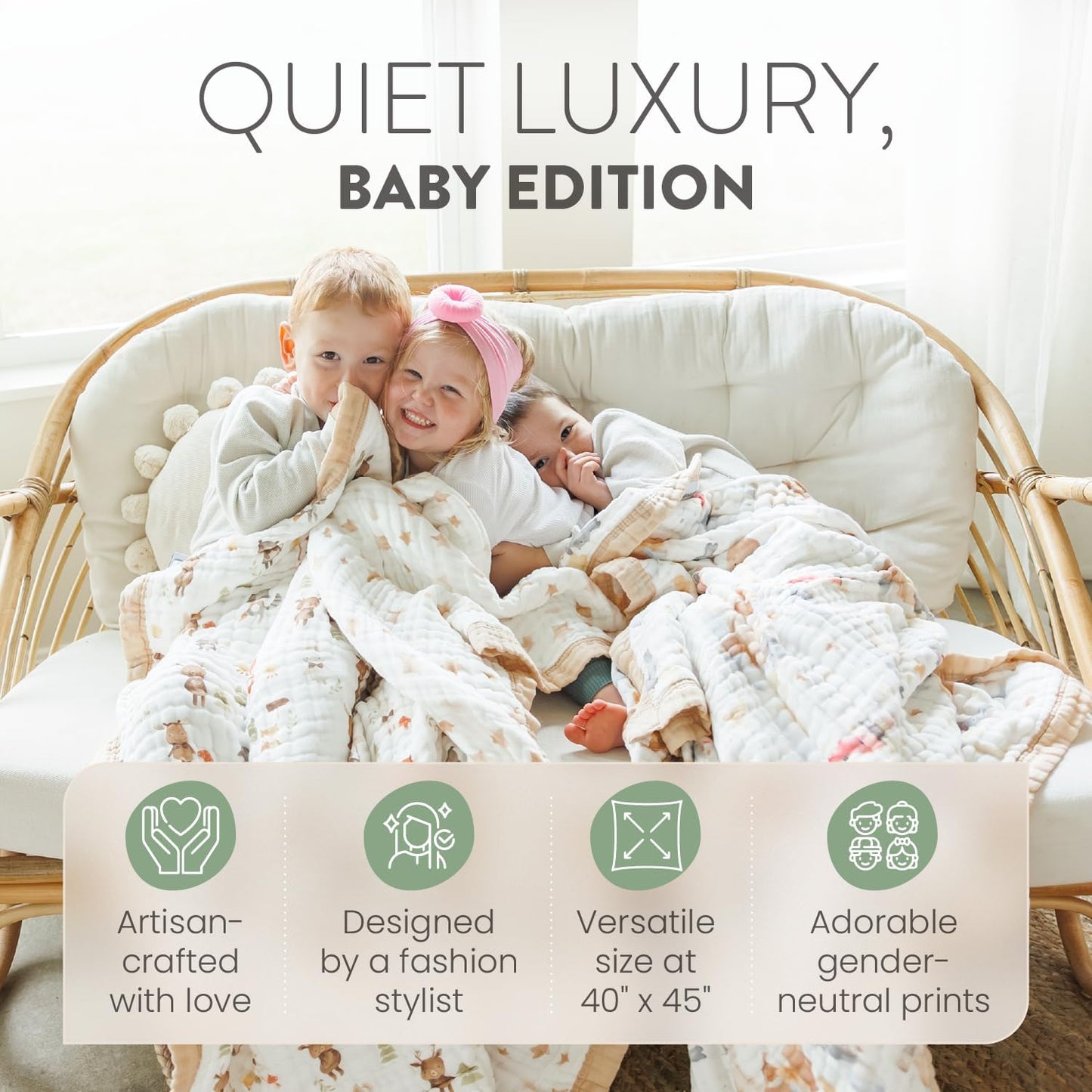 Organic Cotton Muslin Baby Blanket for Boys and Girls - Luxurious Soft Toddler Quilt for Swaddling - Gender Neutral Blankets Makes a Great Forest Friends