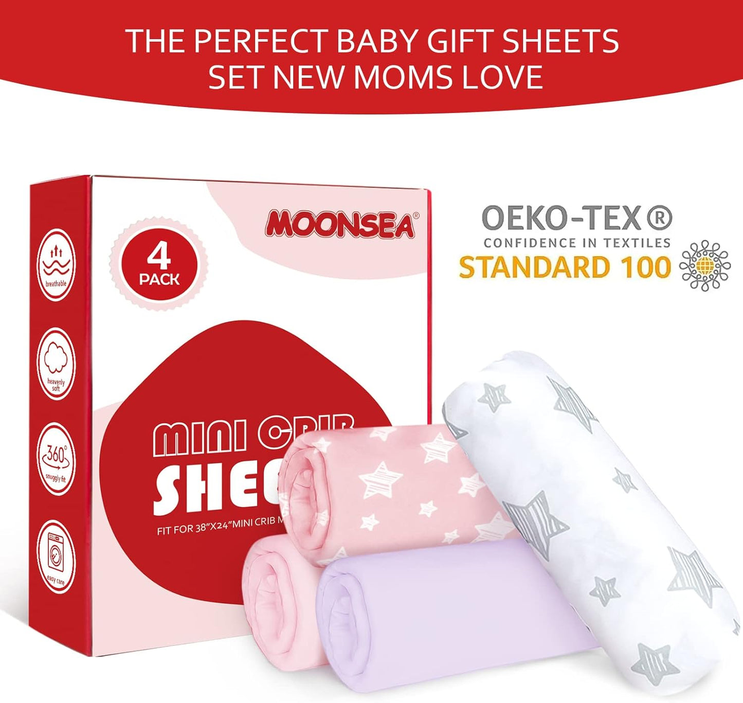 Mini Crib Sheets Fitted 4 Pack for Girls (38" X 24"), Compatible with Dream on Me, Delta Porta Crib and Arms Reach Ideal Cosleeper, Pink