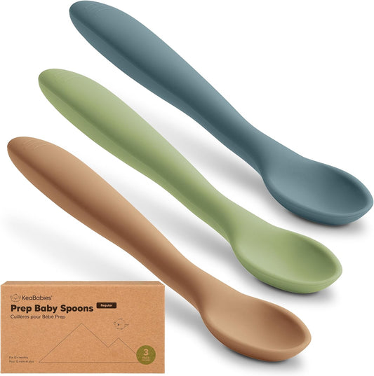 KeaBabies Silicone Baby Spoons, Self Feeding 6-12 months - 3-Pack Baby Weaning Eating Utensils, Toddler First Food Training Spoon, Infant, Kids Feeding Supplies Essential Set, Dishwasher-safe (Desert)
