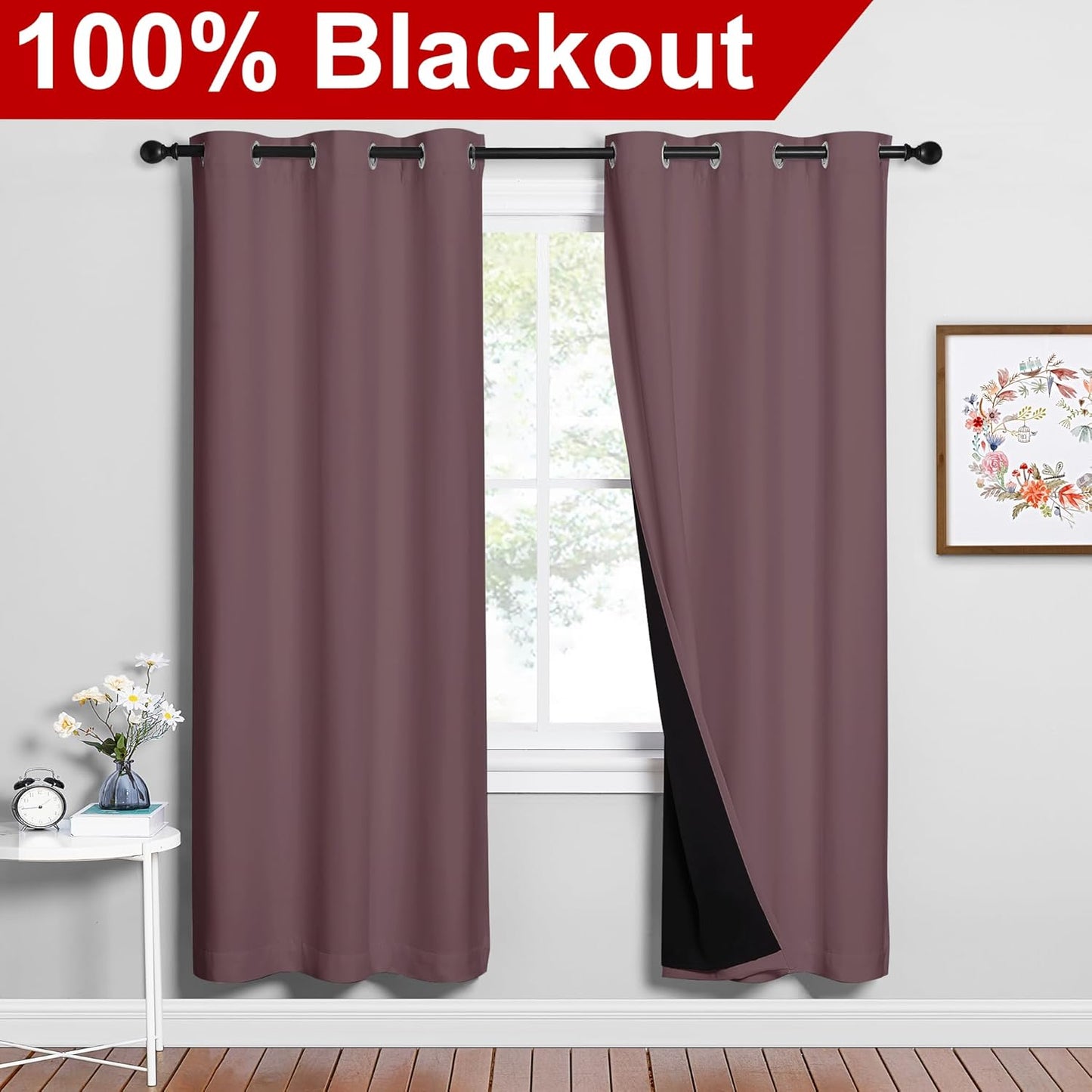 NICETOWN Full Shade Curtain Panels, 37" Wide x 70" Long, Dry Rose, Pair of Thermal Insulated & Energy Efficiency Blackout Drapes for Living Room, Lined Silky Performance Window Dressing