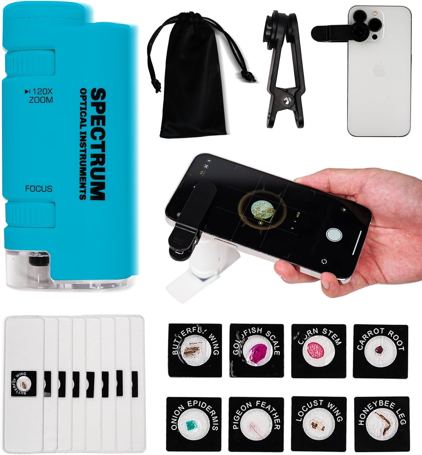 Mini Microscope for Kids, 60X-120X Portable Handheld Microscope with 8 Slide Samples, Blue