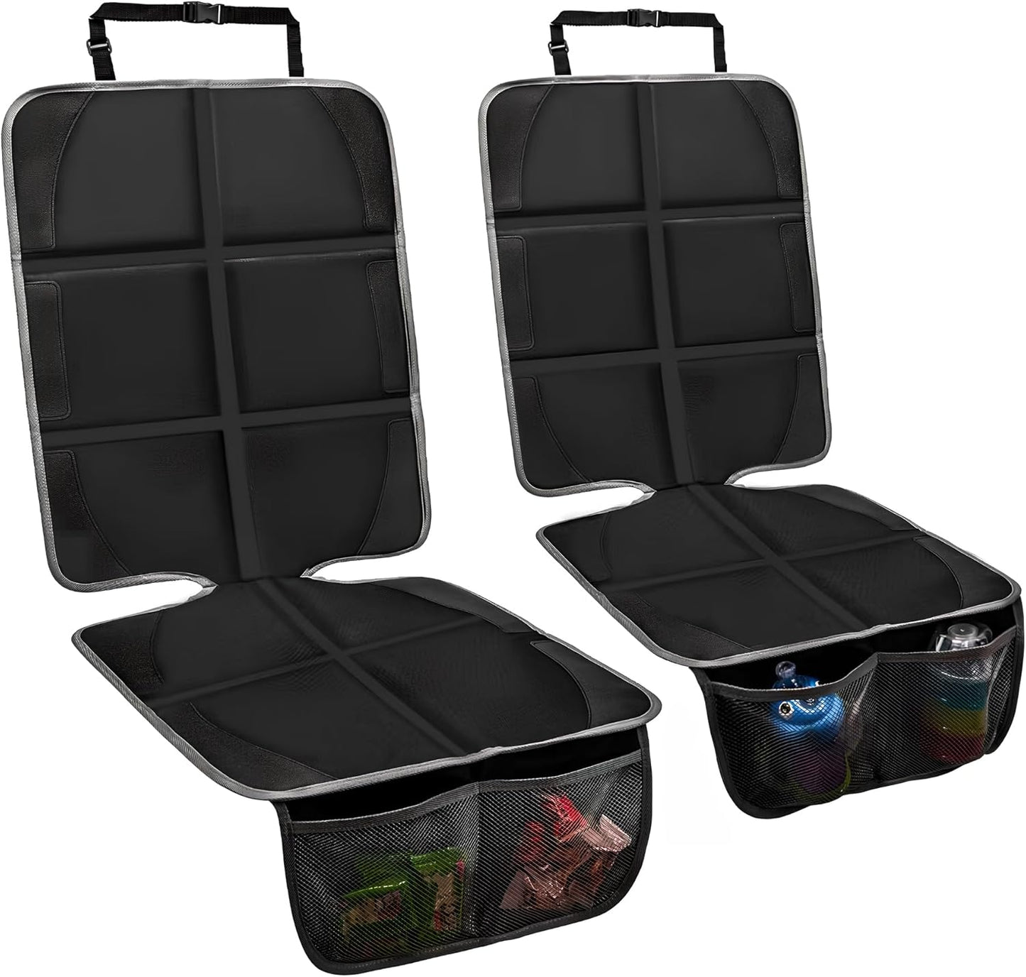 Car Seat Protector 2 Pack Baby Car Seat Covers with Mesh Pockets & Non-Slip Backing 600D Durable Seat Protector Under Baby Car Seat (Black & Gray, Large)