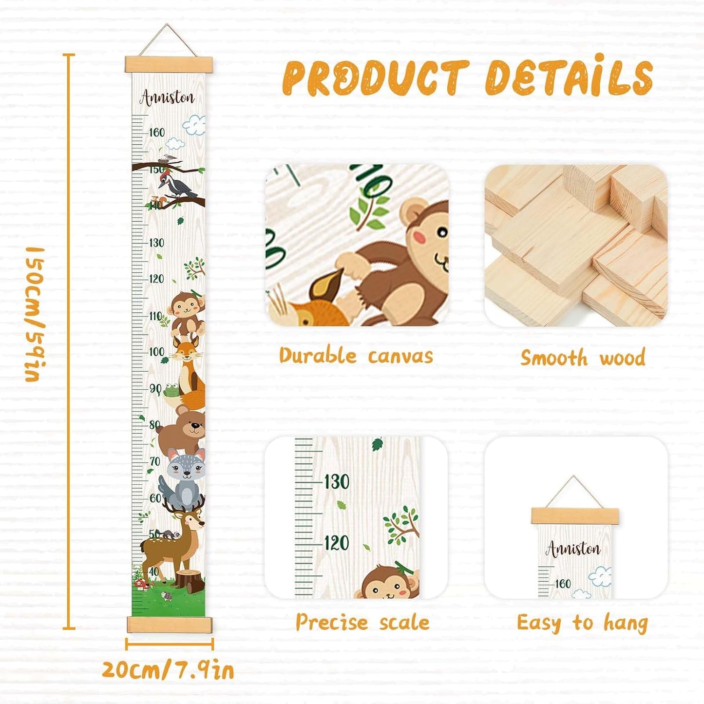 Personalized Name Kids Growth Chart Height Measuring Chart, Zoo Kids Growth & Measuring Chart in Inches, Fun & Stylish Height Tracker for Children, Growth Ruler, Hangable&Waterproof