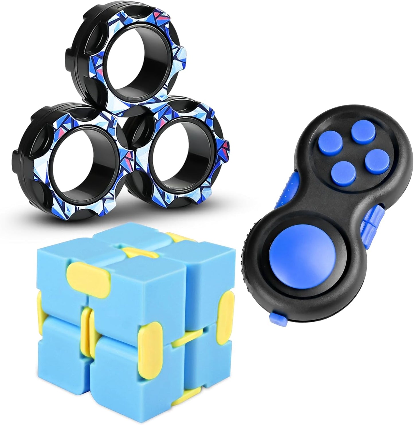 3PC Fidget Toys Adults Set, Cool Mini Gadget Sensory Pack with Infinity Fidgets Cube Figette Pad Magnetic Rings ADHD Anxiety Relief Stress Toys for Teen Office Desk Toy for Boy & Girls -Blue