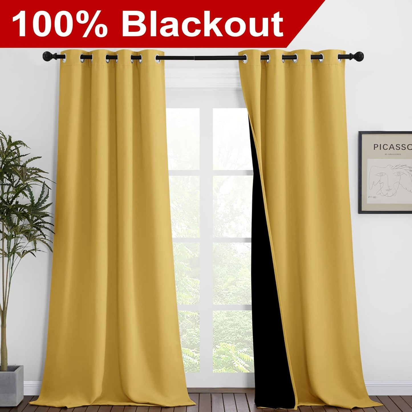NICETOWN 100% Blackout Blinds, Set of 2, 46 inches x 96 inches, Laundry Room Decor Window Treatment Curtains for Large Patio Sliding Door, Thermal Insulated Bright Yellow Curtains for Bedroom