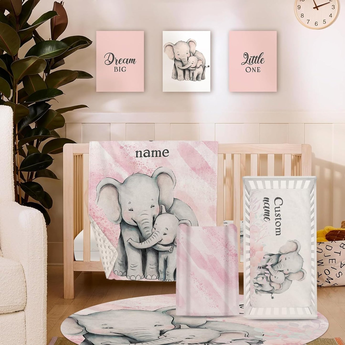 Personalized Baby Crib Bedding Set for Baby Girls, Pink Elephant Design Custom Name Baby Crib Sets 5-Pcs, Toddler Double Layer Blanket Fitted Sheets Changing Pad Cover Rug Wall Art Set