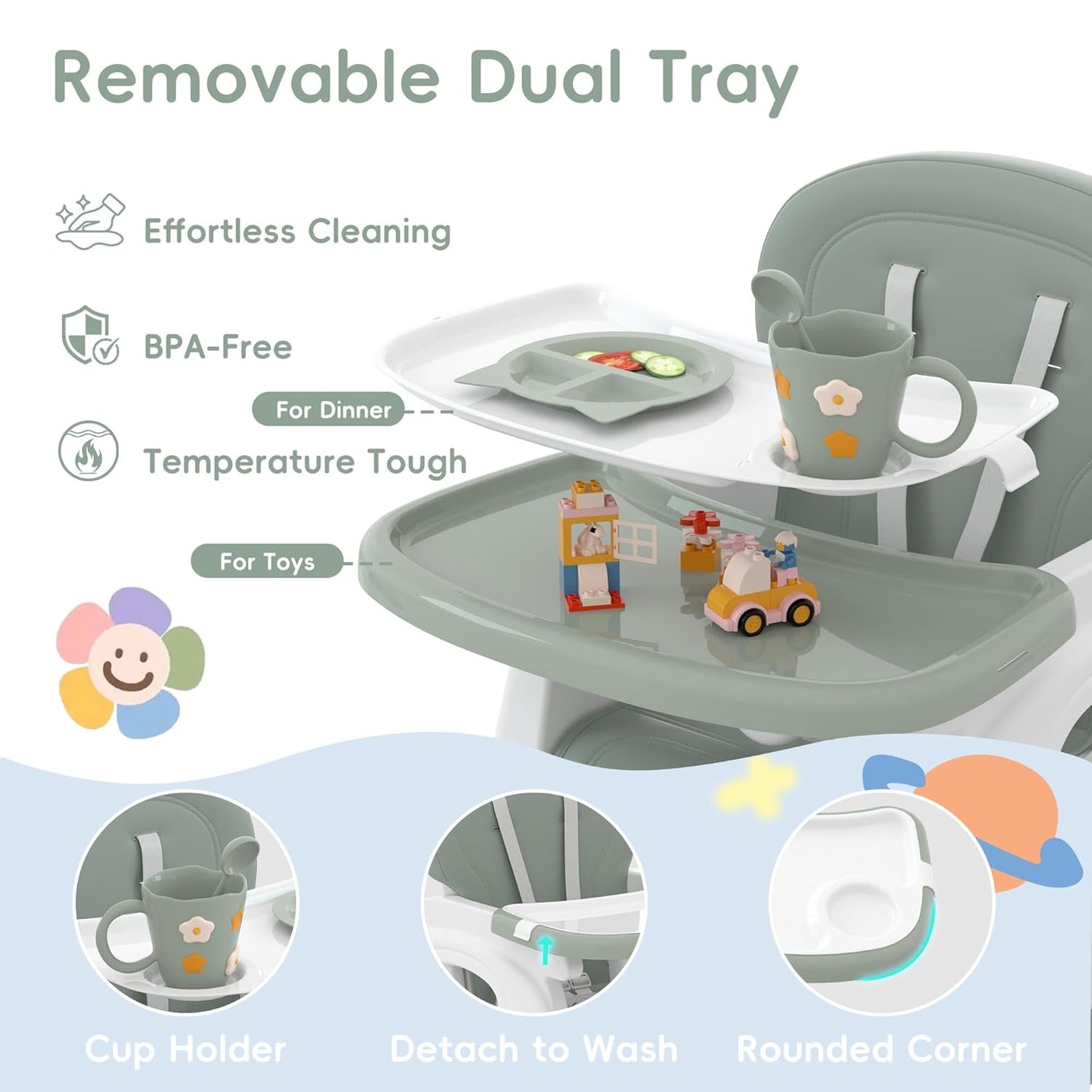 Xilingol 8 in 1 Convertible Baby High Chair W/Wheels, Baby Feeding Chair W/Adjustable Backrest & Removable Dual Tray, Building Block Table & Chair Set, HighChair for Babies & Toddlers (Green)