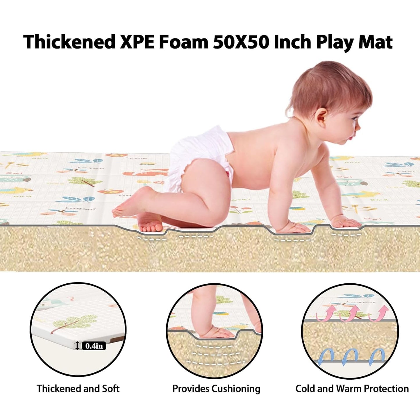Baby Play Mat, 50 x 50 Inch Play Mat Perfect for Use Baby Playpen, Foldable Baby Foam Playmat for Floor, Portable Waterproof Activity PlayMats for Babies, Infants and Toddlers