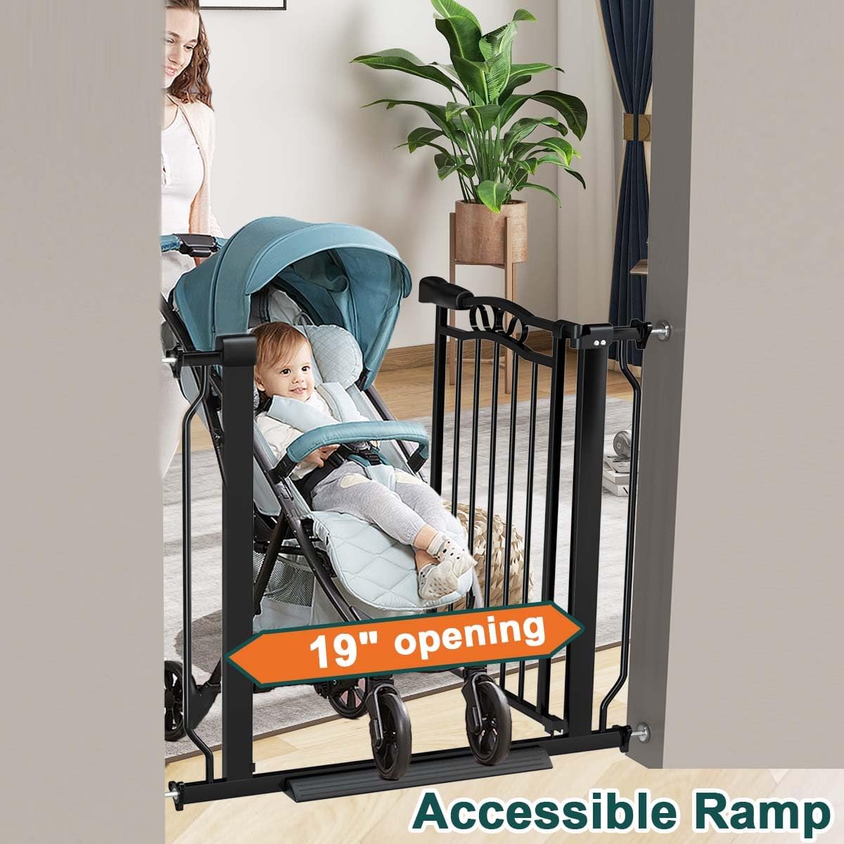 Fairy Baby 29.5"-53.1" Extra Wide Baby Gate for Doorways, Stairs Gate for Kids Toddler, Pressure Mounted Safety Child Gate Pet Barrier Fence Indoor, Walk Thru Auto Close Metal Dog Garden Gate, Black