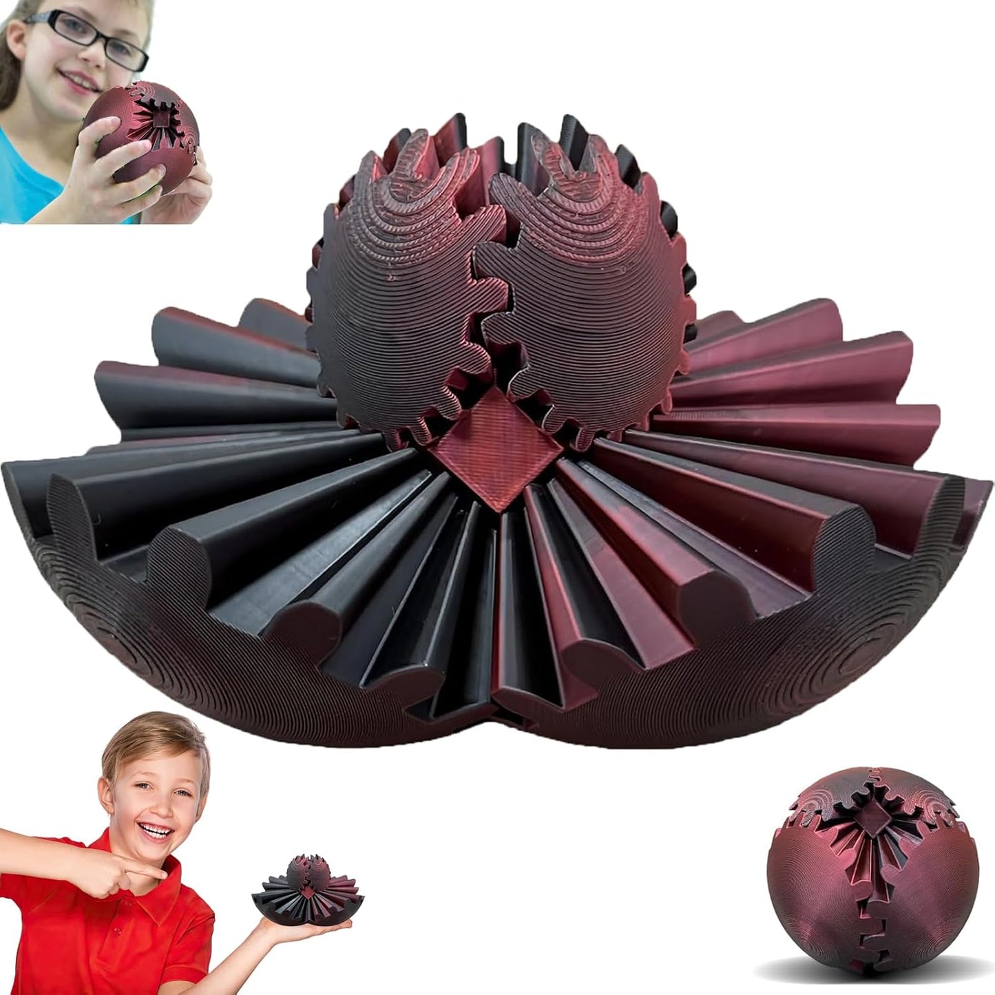 Gear Ball 3D Printed Gear Sphere Fidget Rotating Ball Cube Gadgets, Gear Sphere Ball for Work or Travel Stress Toys Gear Fidget Toys, Stress and Anxiety Relief Gear Toys (Dark red, 8CM/3.15in)